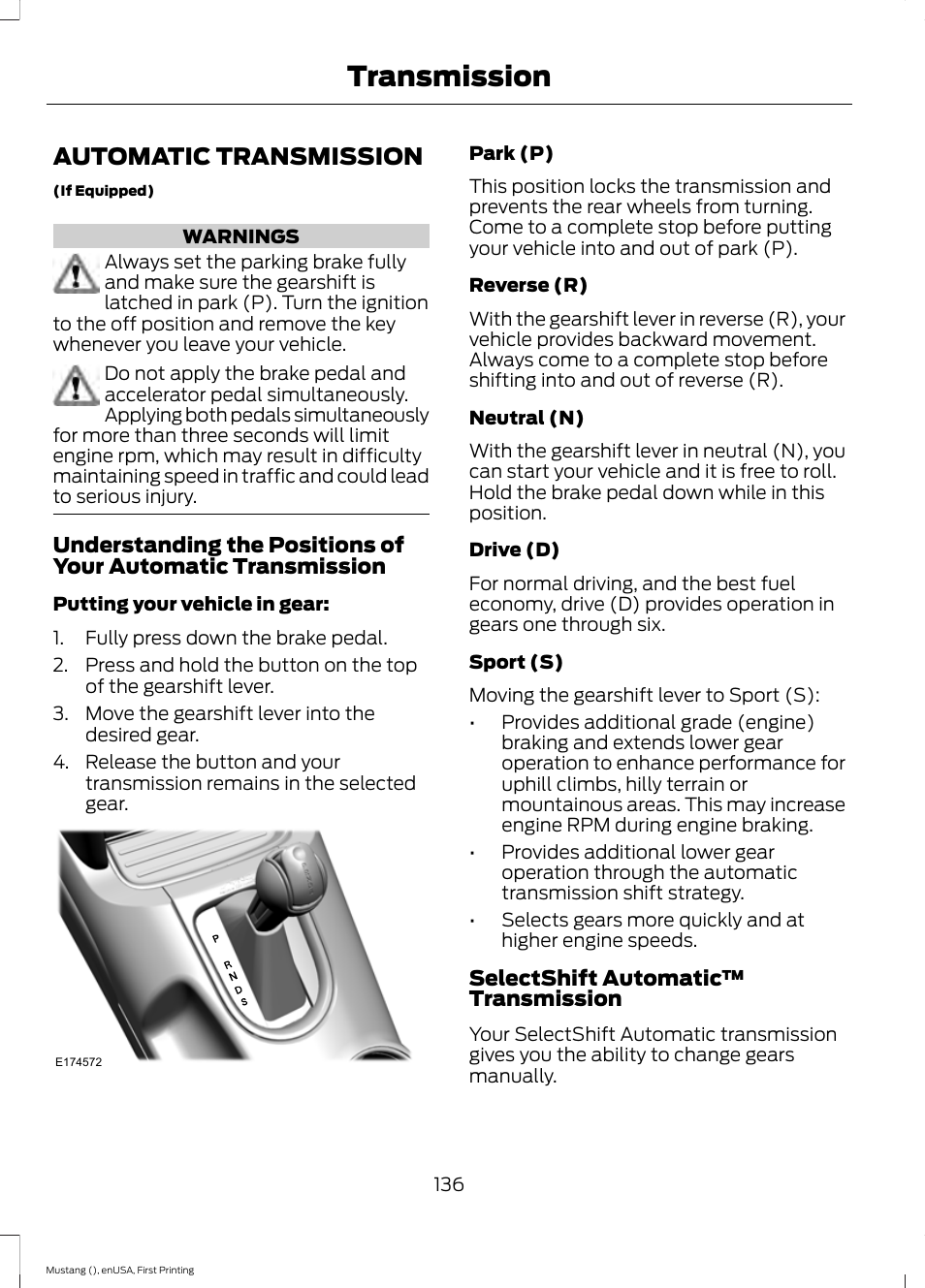 Automatic transmission, Transmission | FORD 2015 Mustang User Manual | Page 139 / 441