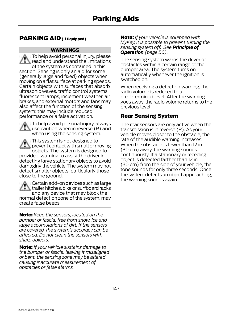 Parking aids, Parking aid | FORD 2015 Mustang User Manual | Page 150 / 441