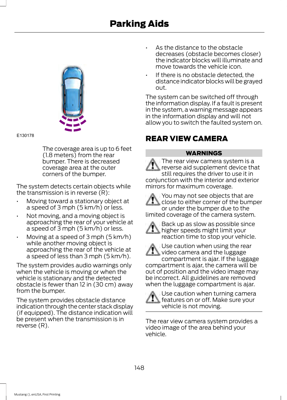 Rear view camera, Parking aids | FORD 2015 Mustang User Manual | Page 151 / 441