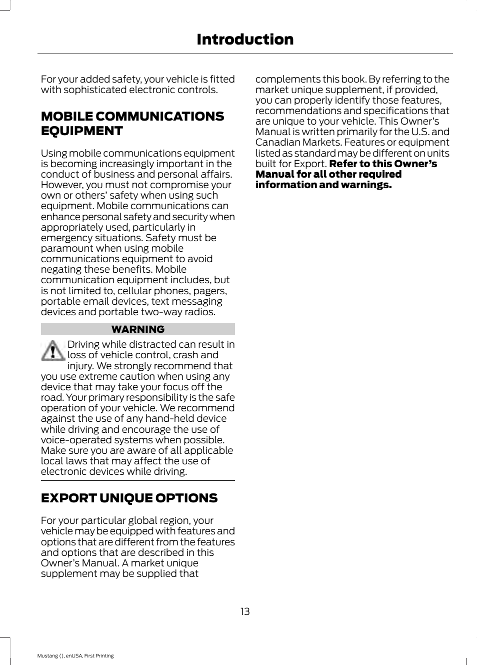 Mobile communications equipment, Export unique options, Mobile communications | Equipment, Introduction | FORD 2015 Mustang User Manual | Page 16 / 441