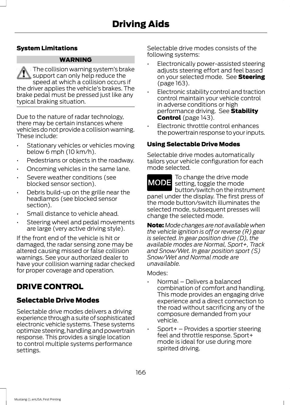 Drive control, Driving aids | FORD 2015 Mustang User Manual | Page 169 / 441