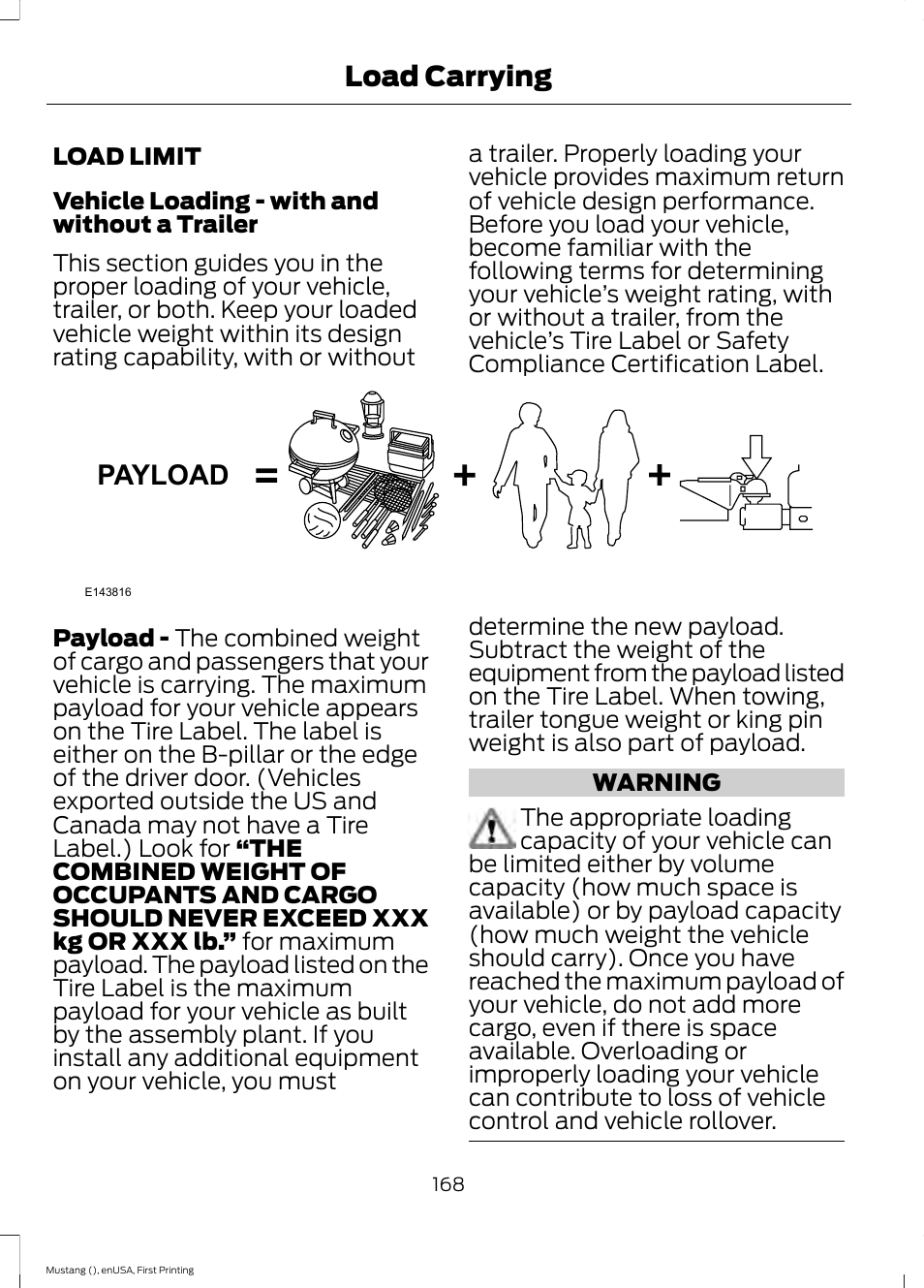 Load carrying, Load limit, Payload | FORD 2015 Mustang User Manual | Page 171 / 441