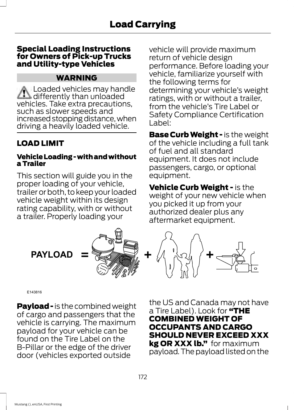 Load limit, Payload, Load carrying | FORD 2015 Mustang User Manual | Page 175 / 441