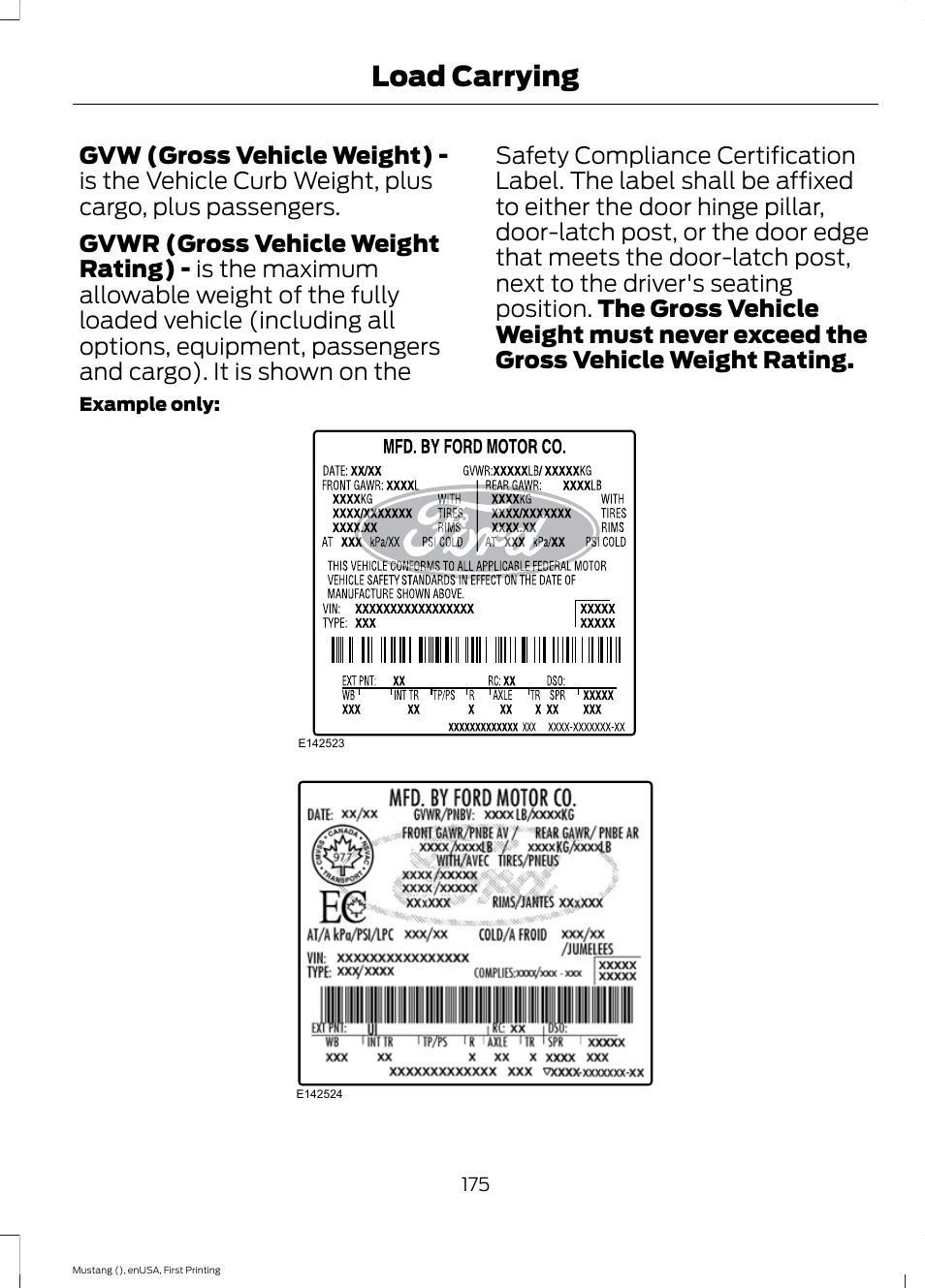 Load carrying | FORD 2015 Mustang User Manual | Page 178 / 441