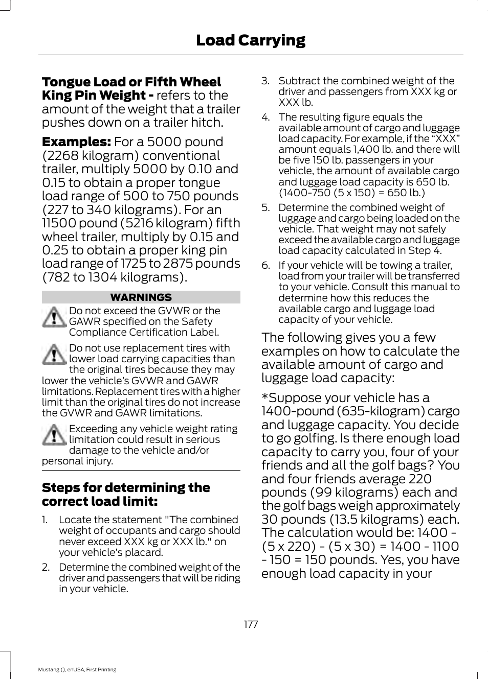Load carrying, Steps for determining the correct load limit | FORD 2015 Mustang User Manual | Page 180 / 441