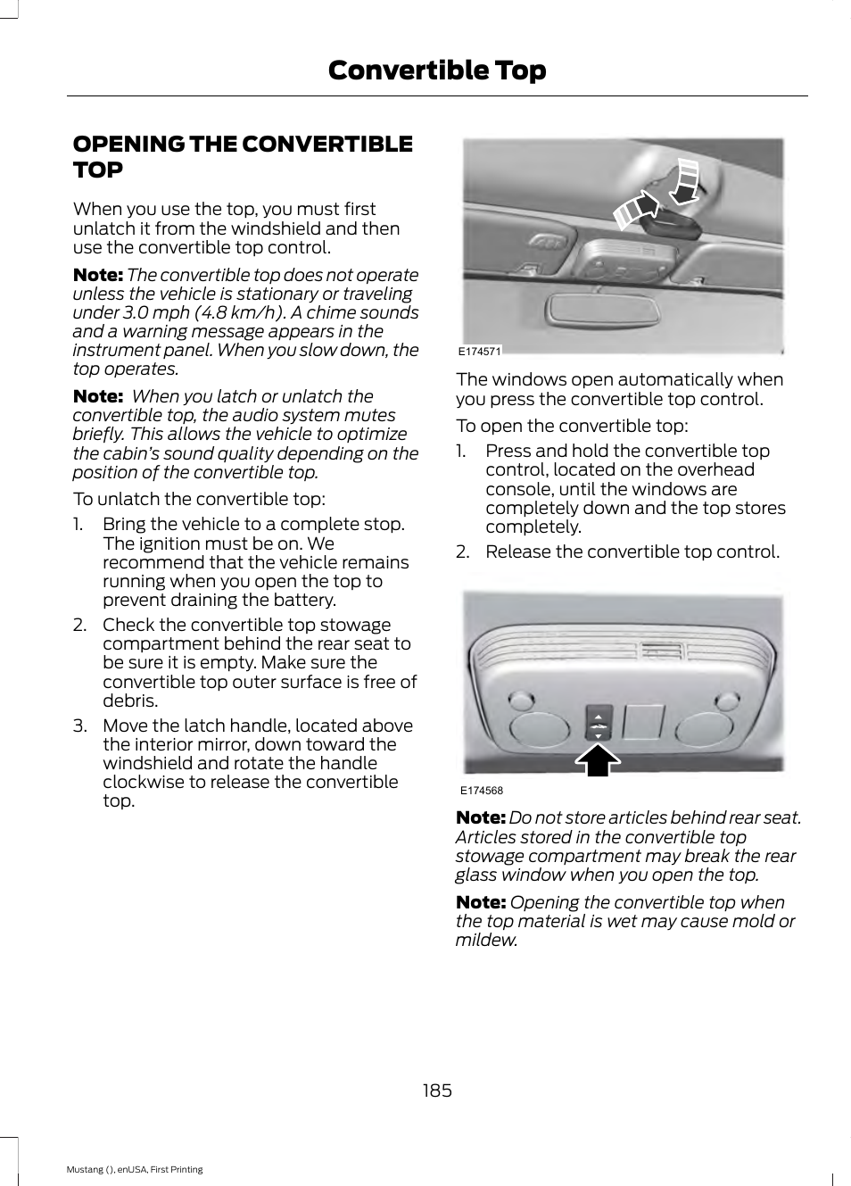 Convertible top, Opening the convertible top | FORD 2015 Mustang User Manual | Page 188 / 441