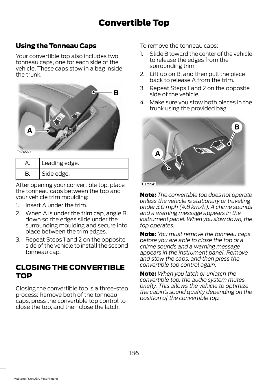 Closing the convertible top, Convertible top | FORD 2015 Mustang User Manual | Page 189 / 441