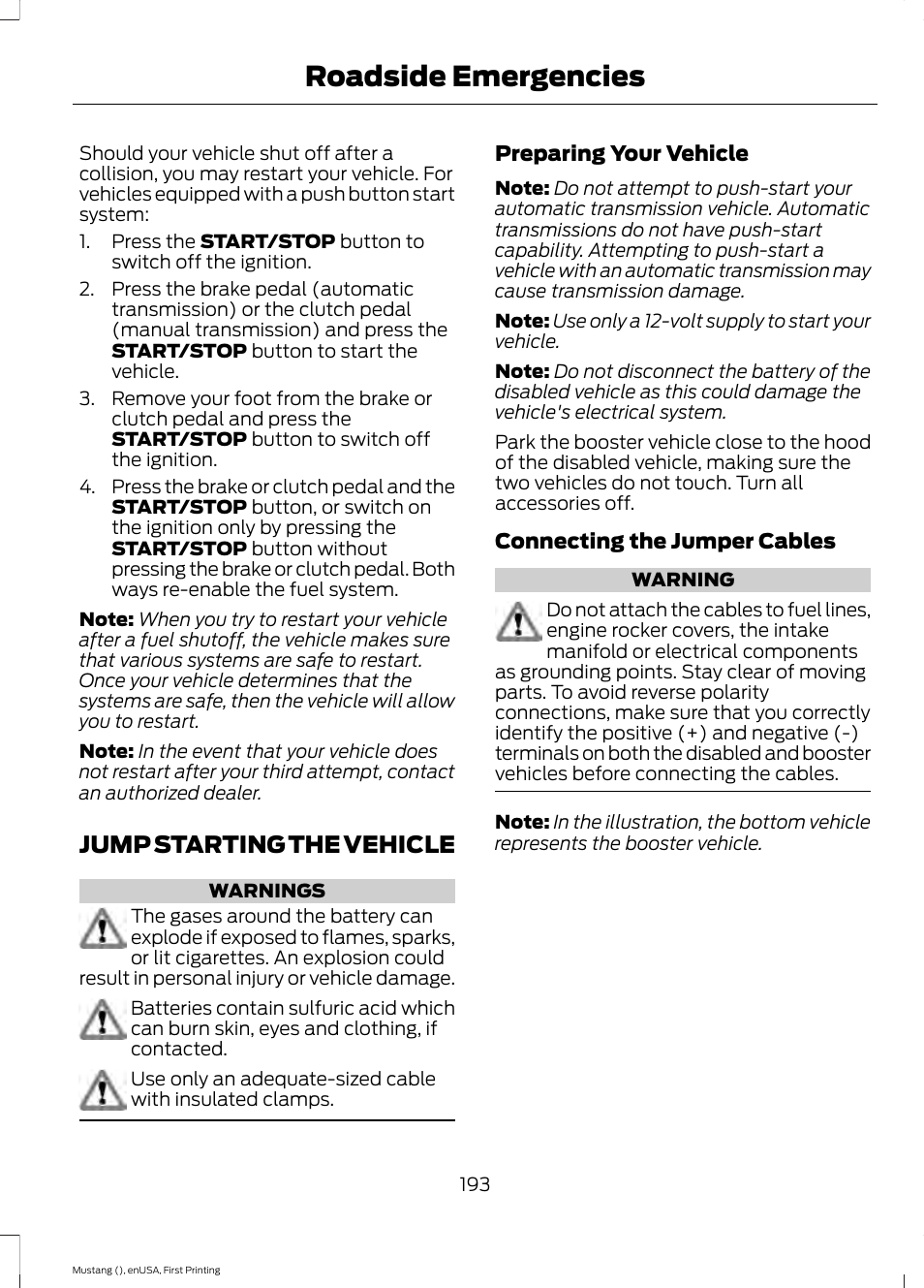Jump starting the vehicle, Roadside emergencies | FORD 2015 Mustang User Manual | Page 196 / 441