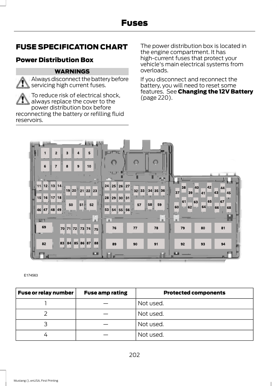 Fuses, Fuse specification chart, Tion | FORD 2015 Mustang User Manual | Page 205 / 441