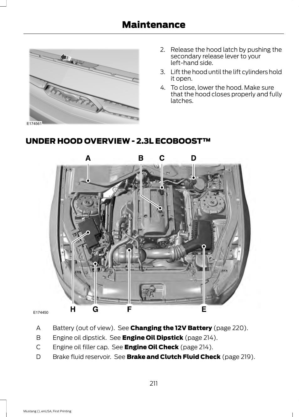 Under hood overview, Under hood overview - 2.3l, Ecoboost | Maintenance, Under hood overview - 2.3l ecoboost | FORD 2015 Mustang User Manual | Page 214 / 441