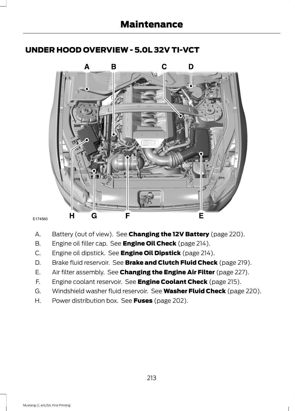 Under hood overview, Under hood overview - 5.0l 32v, Ti-vct | Maintenance, Under hood overview - 5.0l 32v ti-vct | FORD 2015 Mustang User Manual | Page 216 / 441