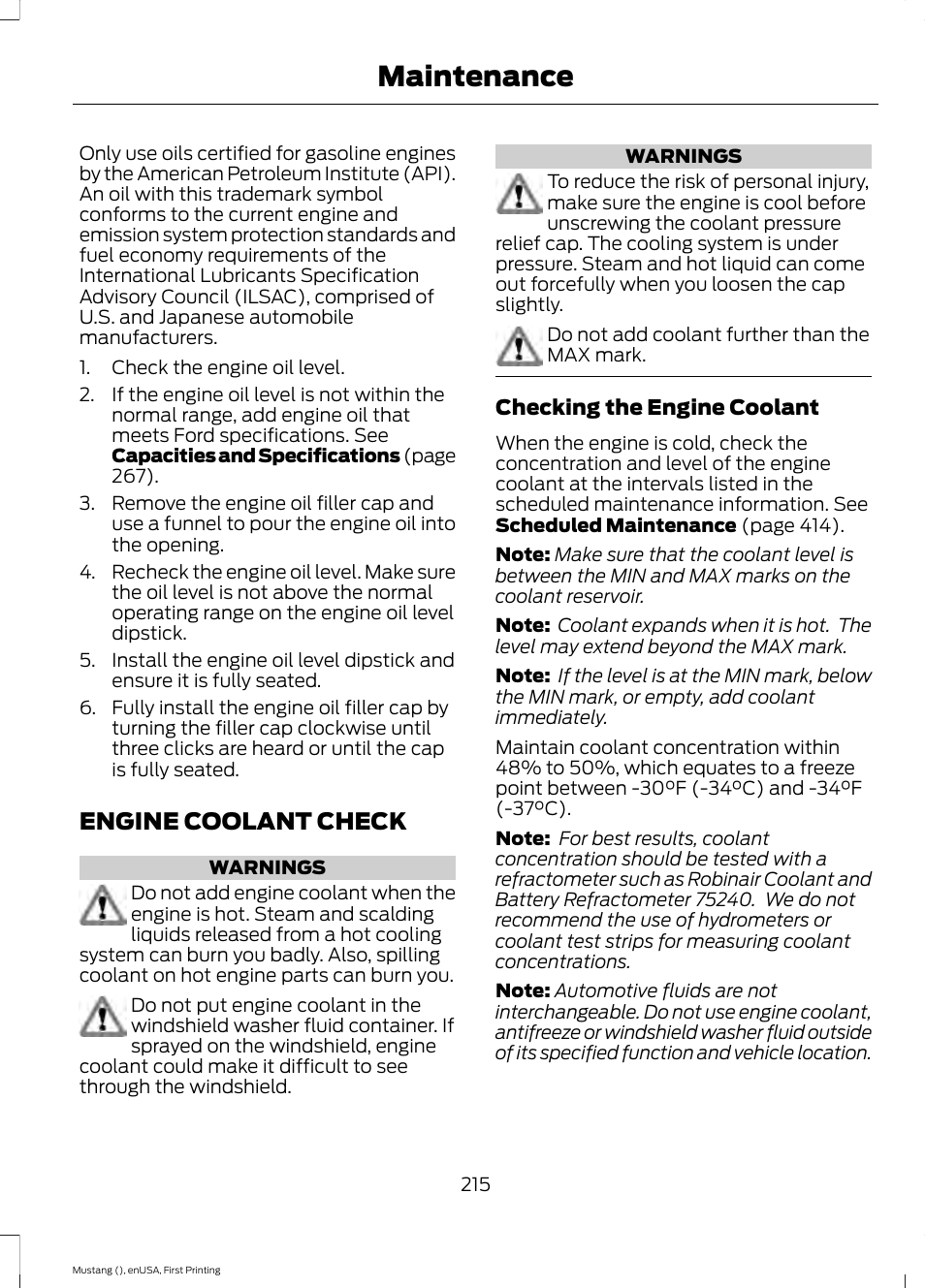 Engine coolant check, Maintenance | FORD 2015 Mustang User Manual | Page 218 / 441