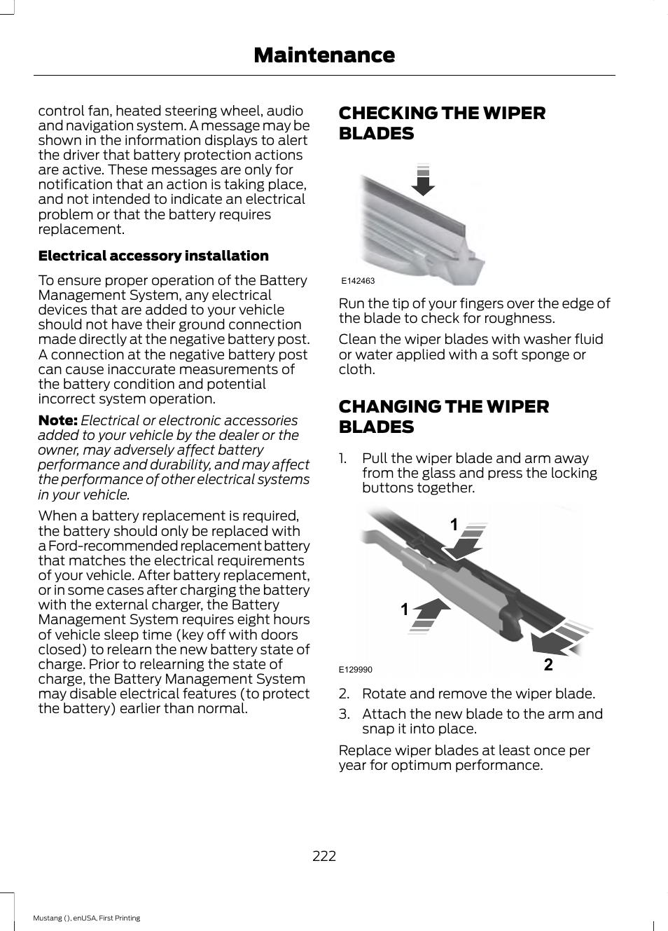 Checking the wiper blades, Changing the wiper blades, Maintenance | FORD 2015 Mustang User Manual | Page 225 / 441