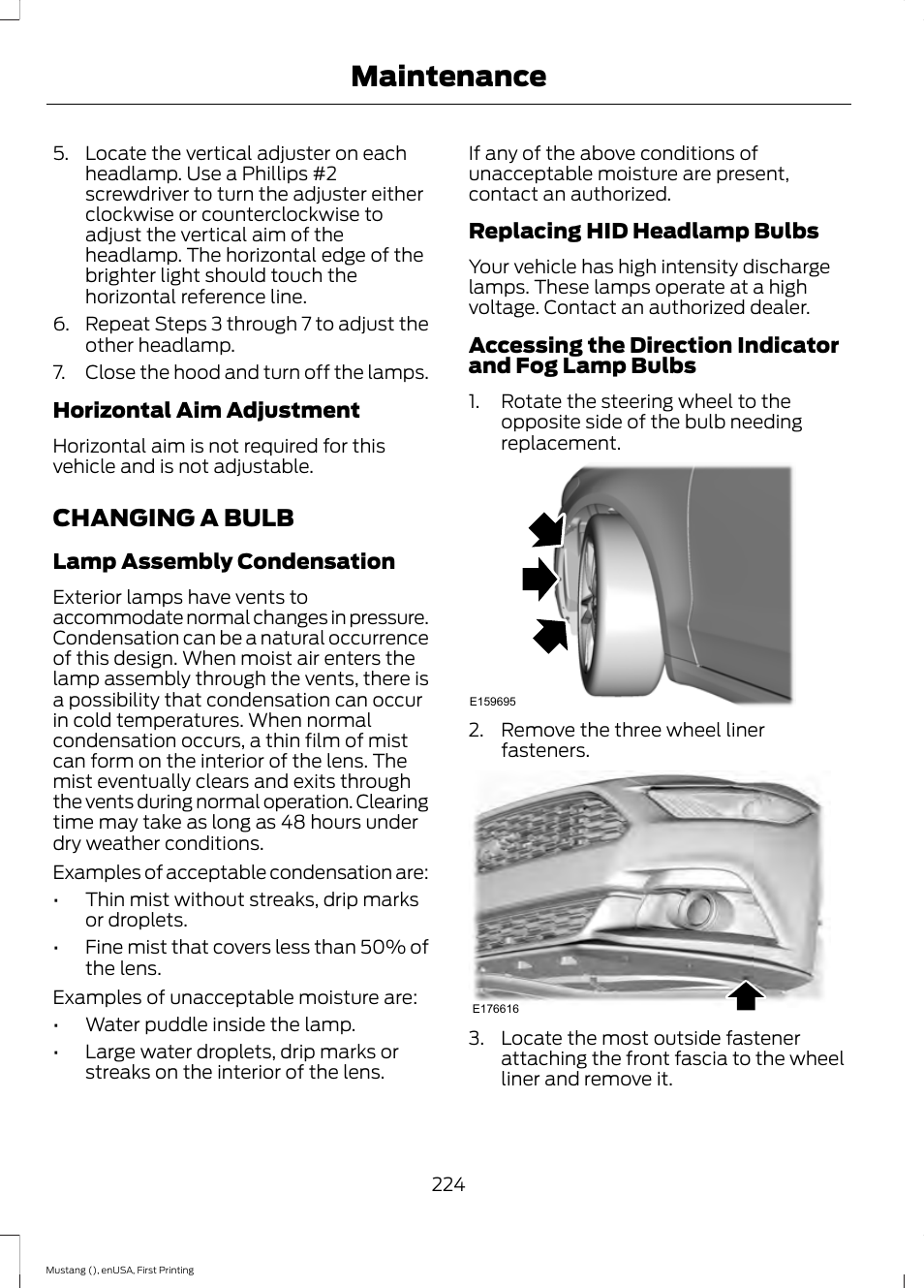 Changing a bulb, Maintenance | FORD 2015 Mustang User Manual | Page 227 / 441