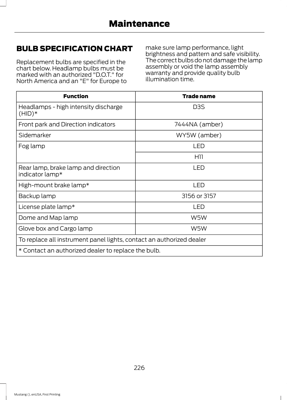 Bulb specification chart, Maintenance | FORD 2015 Mustang User Manual | Page 229 / 441