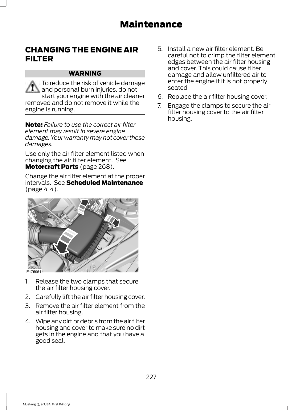 Changing the engine air filter, Maintenance | FORD 2015 Mustang User Manual | Page 230 / 441