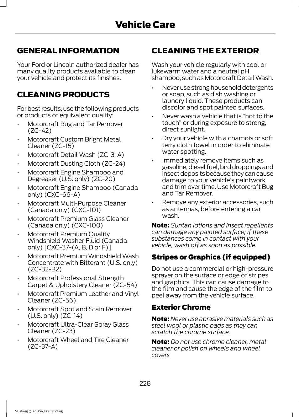 Vehicle care, General information, Cleaning products | Cleaning the exterior | FORD 2015 Mustang User Manual | Page 231 / 441