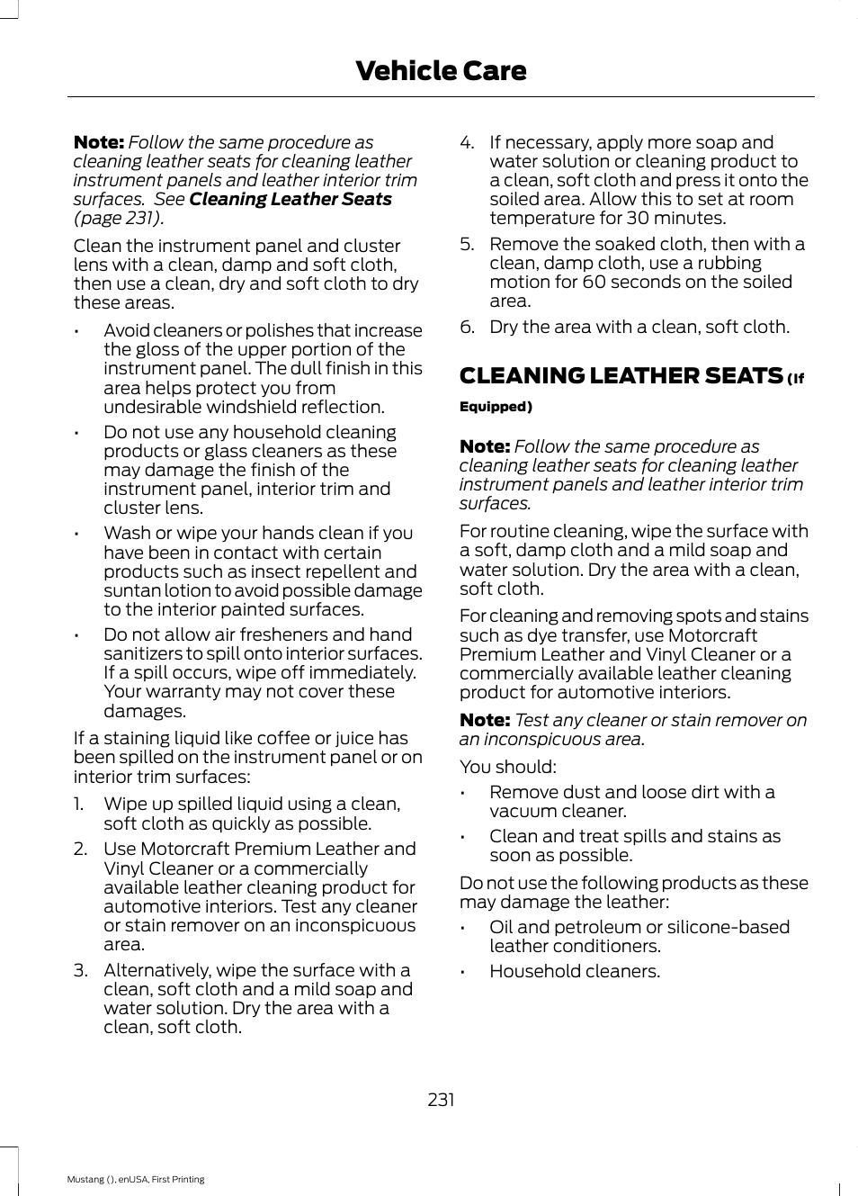 Cleaning leather seats, Vehicle care | FORD 2015 Mustang User Manual | Page 234 / 441