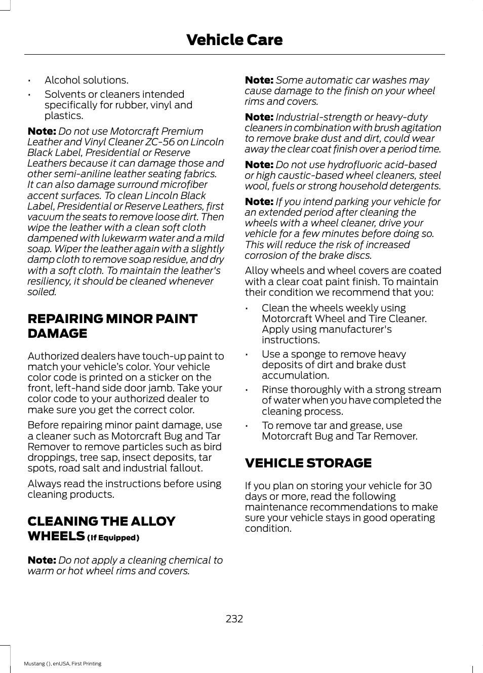 Repairing minor paint damage, Cleaning the alloy wheels, Vehicle storage | Vehicle care | FORD 2015 Mustang User Manual | Page 235 / 441
