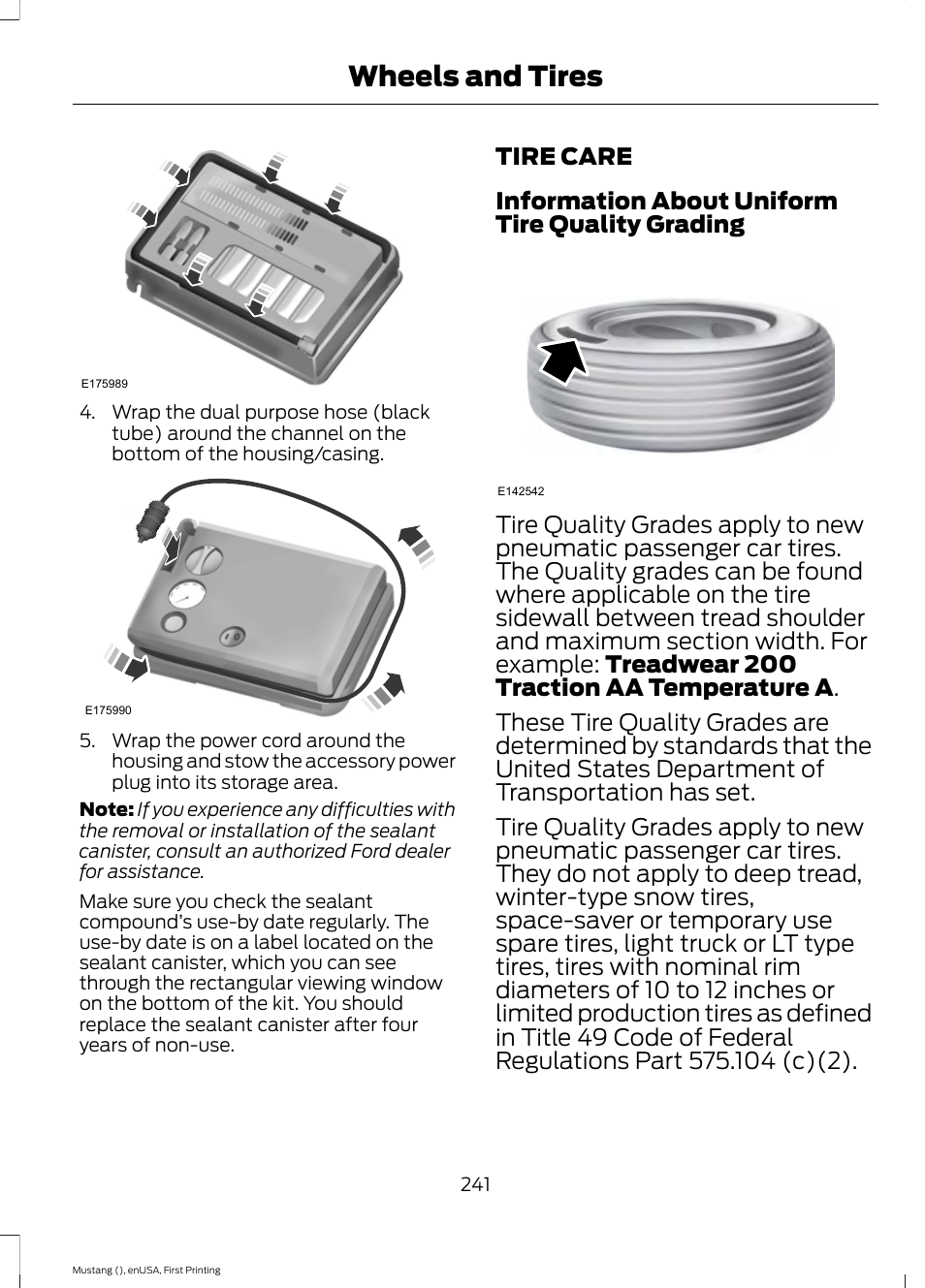 Tire care, Wheels and tires | FORD 2015 Mustang User Manual | Page 244 / 441