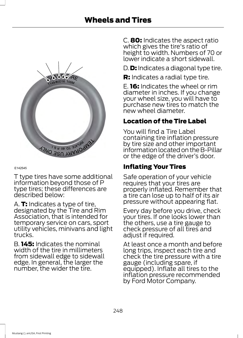 Wheels and tires | FORD 2015 Mustang User Manual | Page 251 / 441