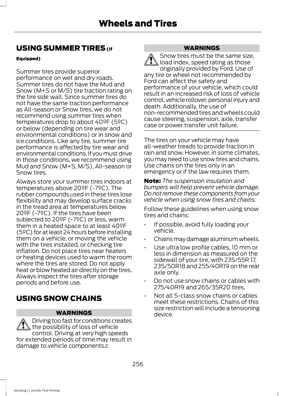 Using summer tires, Using snow chains, Using summer tires using snow chains | Wheels and tires | FORD 2015 Mustang User Manual | Page 259 / 441