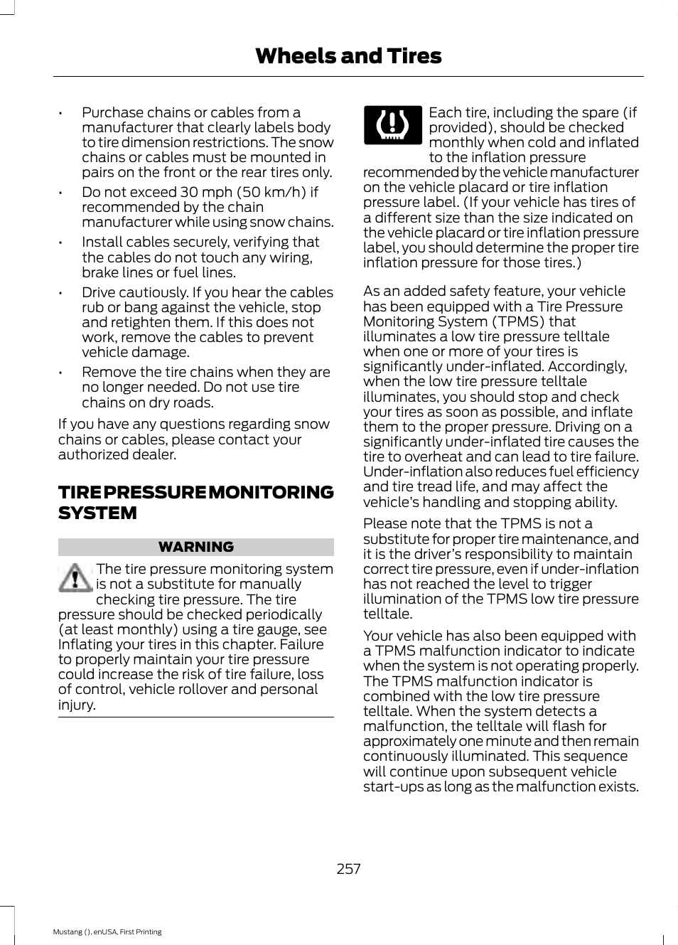 Tire pressure monitoring system, See tire pressure monitoring system, Wheels and tires | FORD 2015 Mustang User Manual | Page 260 / 441