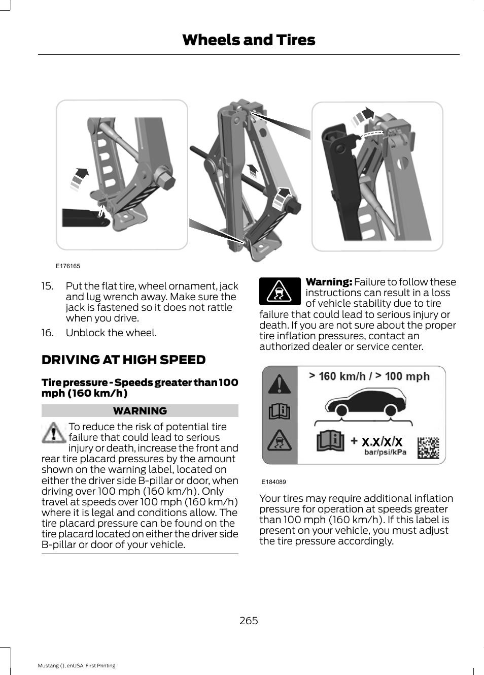 Driving at high speed, Wheels and tires | FORD 2015 Mustang User Manual | Page 268 / 441