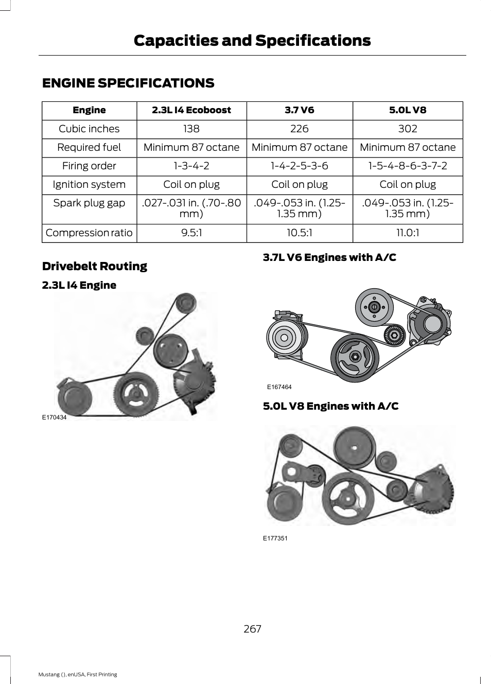 Capacities and specifications, Engine specifications, Capacities and specific | Ations | FORD 2015 Mustang User Manual | Page 270 / 441