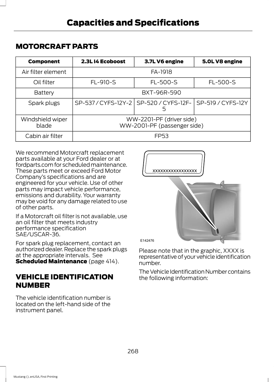 Motorcraft parts, Vehicle identification number, Motorcraft parts vehicle identification number | Capacities and specifications | FORD 2015 Mustang User Manual | Page 271 / 441