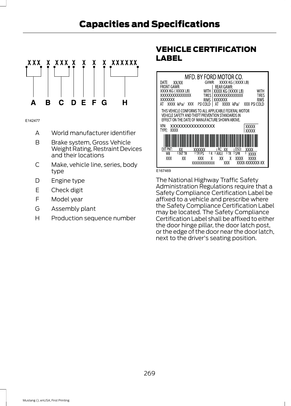 Vehicle certification label, Capacities and specifications | FORD 2015 Mustang User Manual | Page 272 / 441