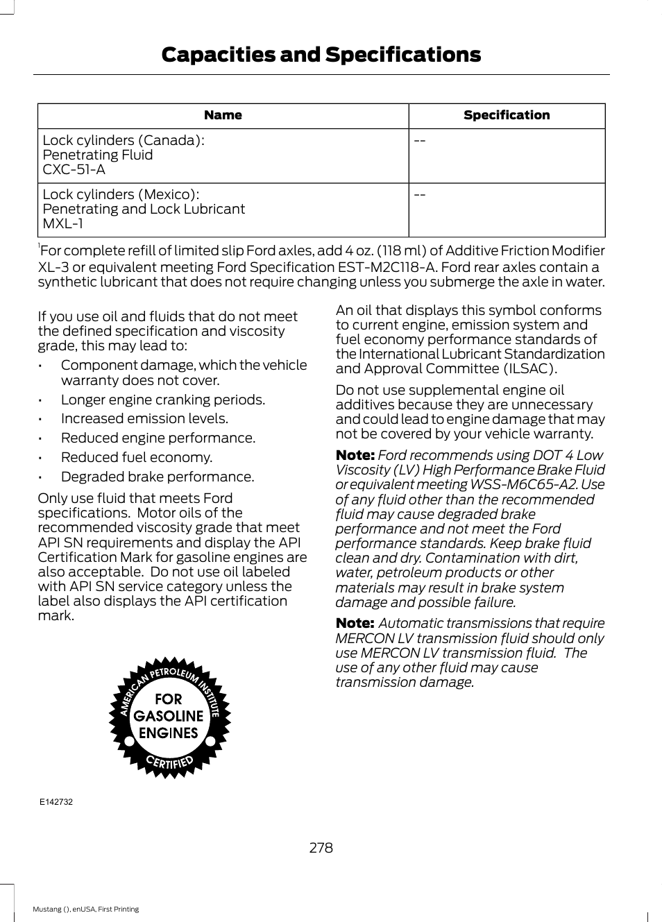 Capacities and specifications | FORD 2015 Mustang User Manual | Page 281 / 441
