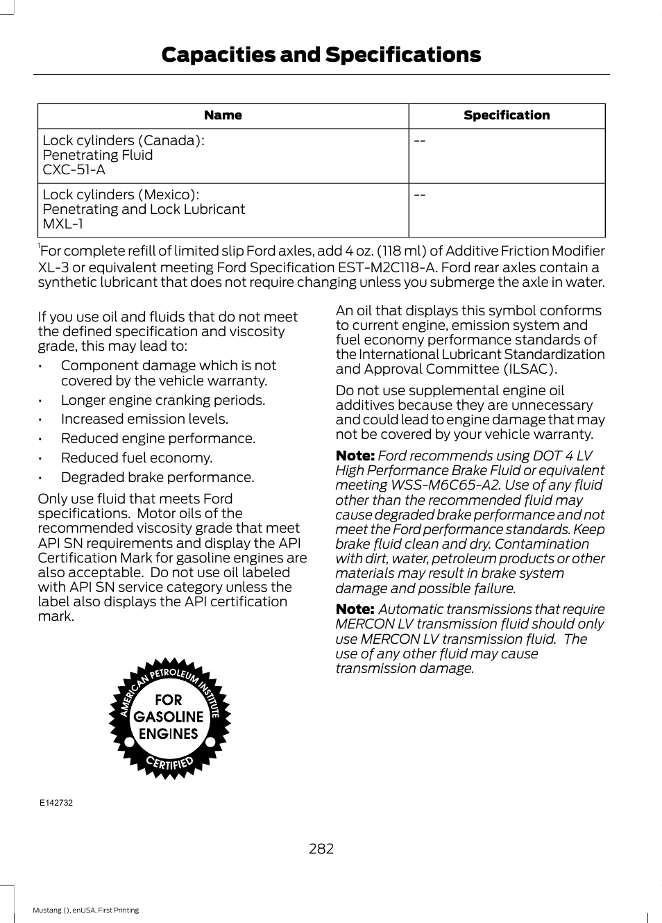 Capacities and specifications | FORD 2015 Mustang User Manual | Page 285 / 441