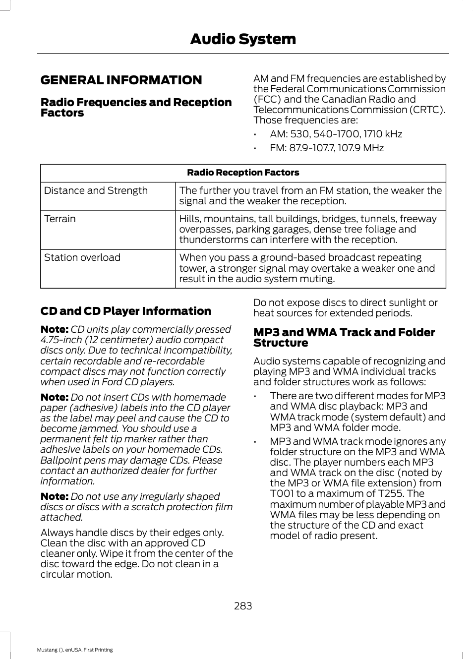 Audio system, General information | FORD 2015 Mustang User Manual | Page 286 / 441