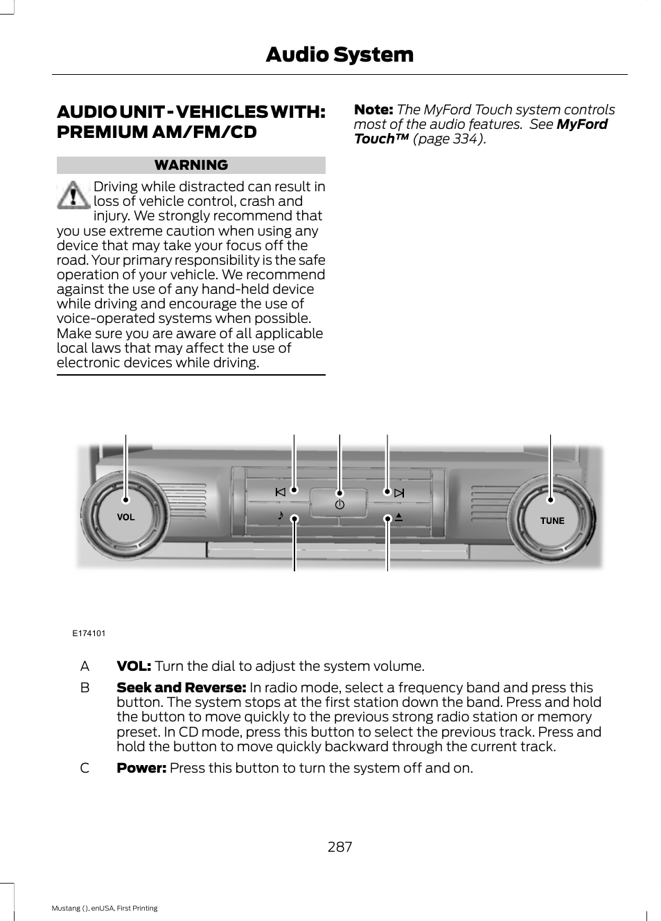 Audio unit, Audio unit - vehicles with: premium am, Fm/cd | Audio system, Audio unit - vehicles with: premium am/fm/cd | FORD 2015 Mustang User Manual | Page 290 / 441