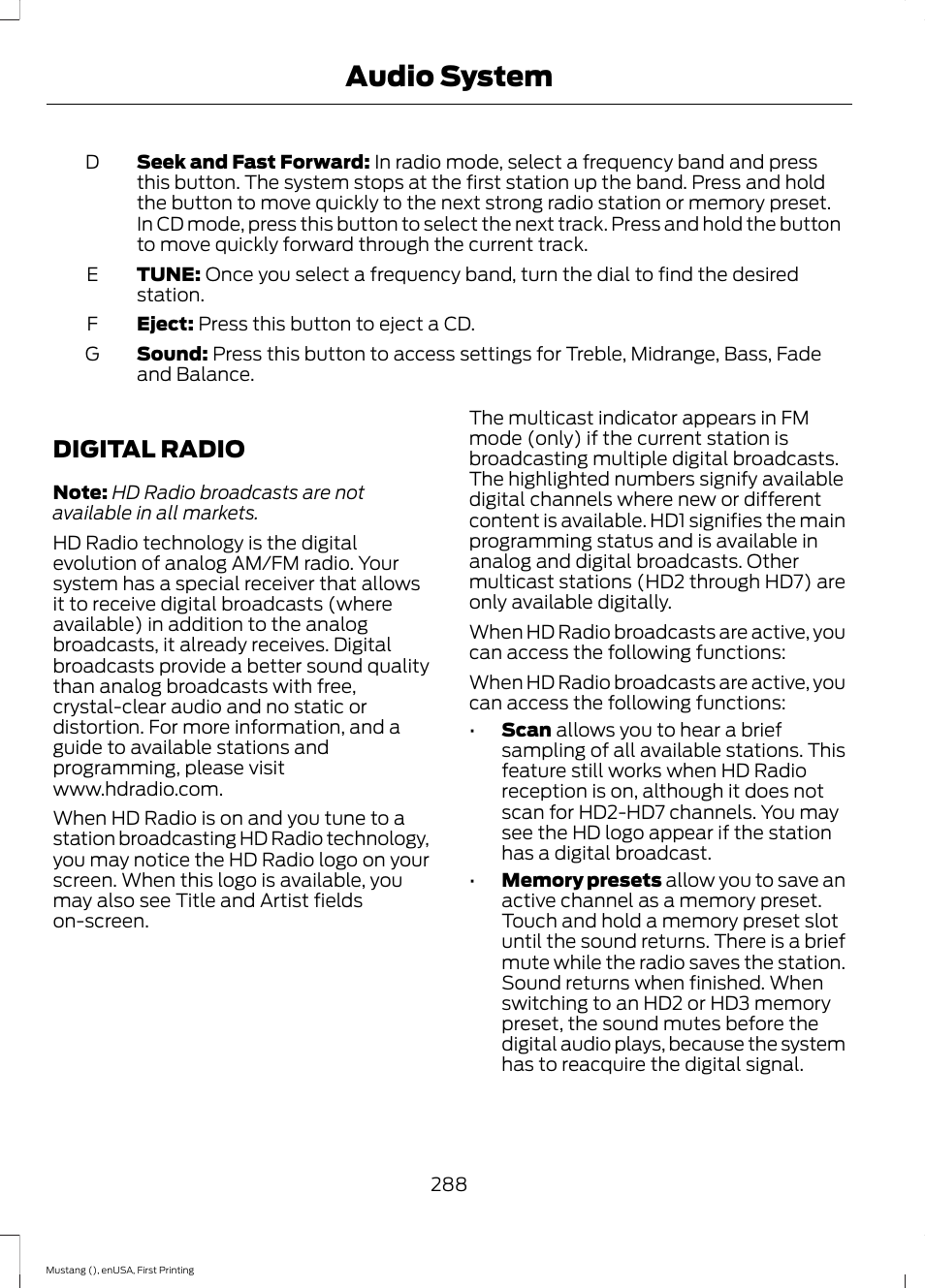 Digital radio, Audio system | FORD 2015 Mustang User Manual | Page 291 / 441