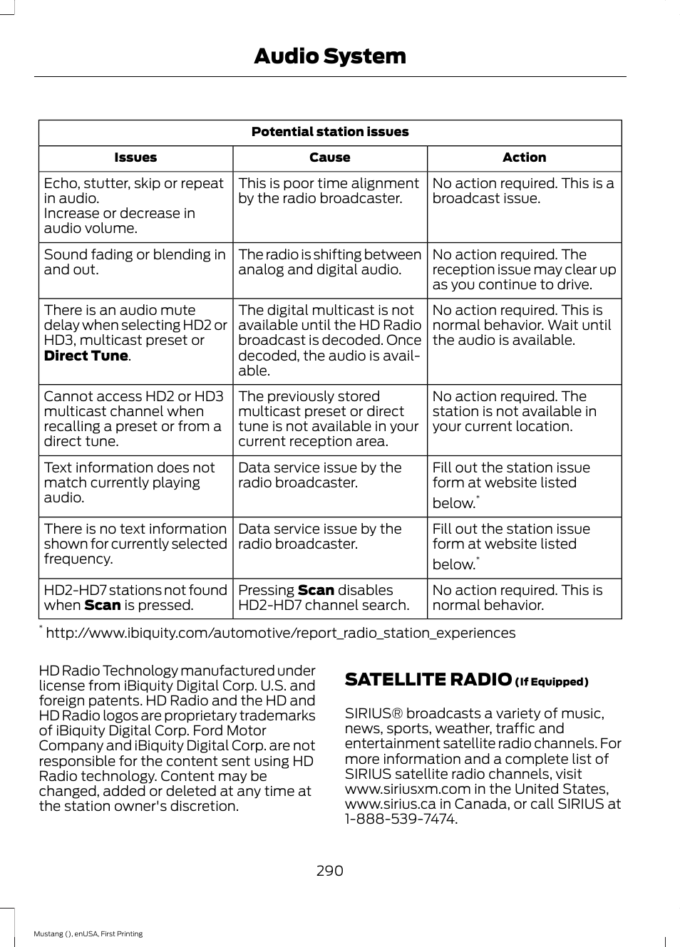 Satellite radio, Audio system | FORD 2015 Mustang User Manual | Page 293 / 441