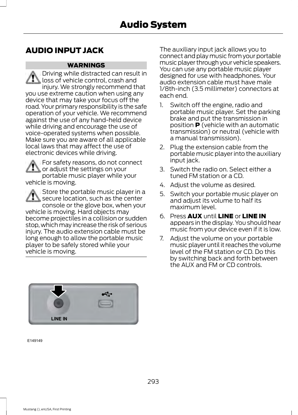 Audio input jack, Audio system | FORD 2015 Mustang User Manual | Page 296 / 441