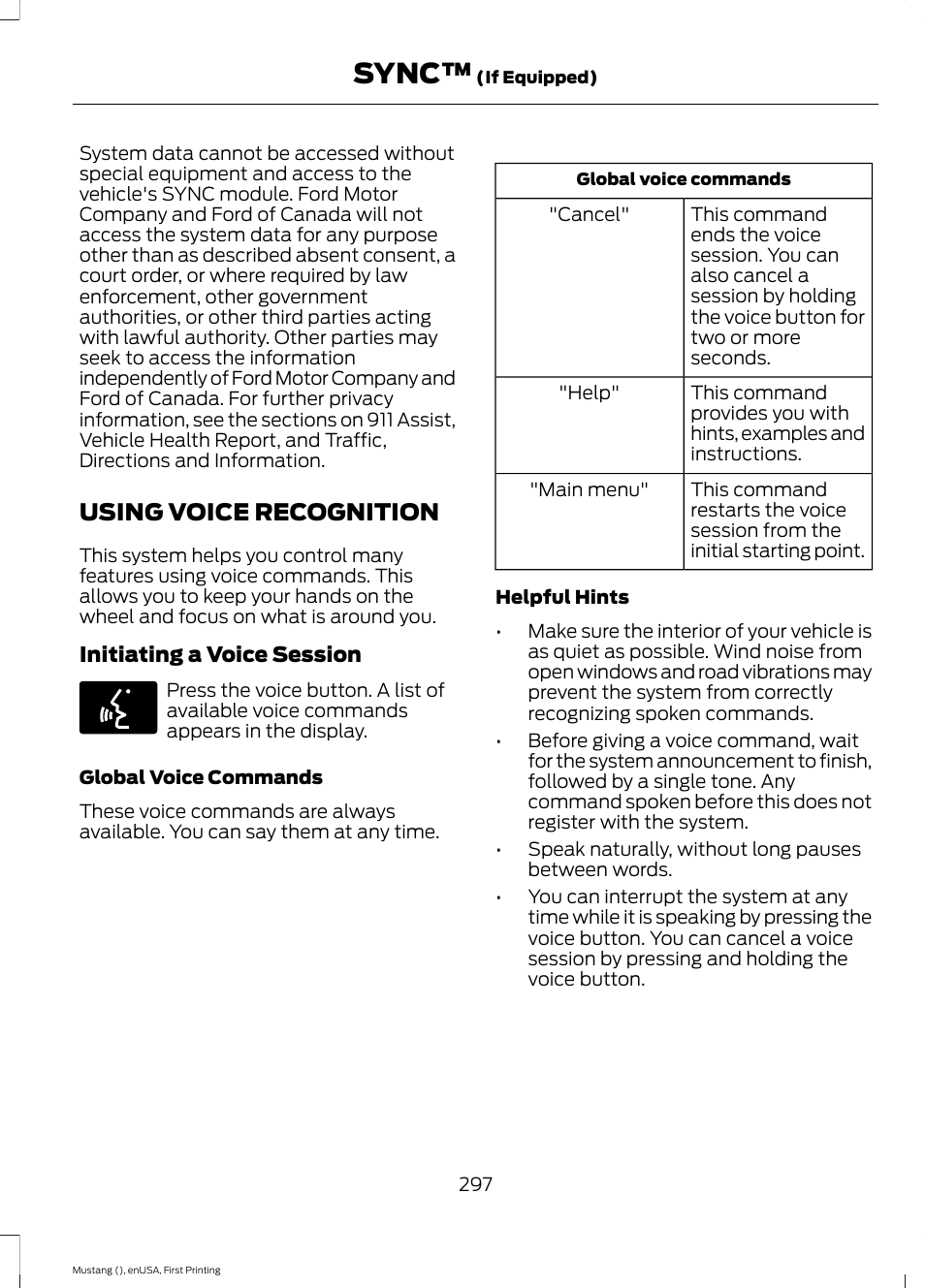 Using voice recognition, Sync | FORD 2015 Mustang User Manual | Page 300 / 441