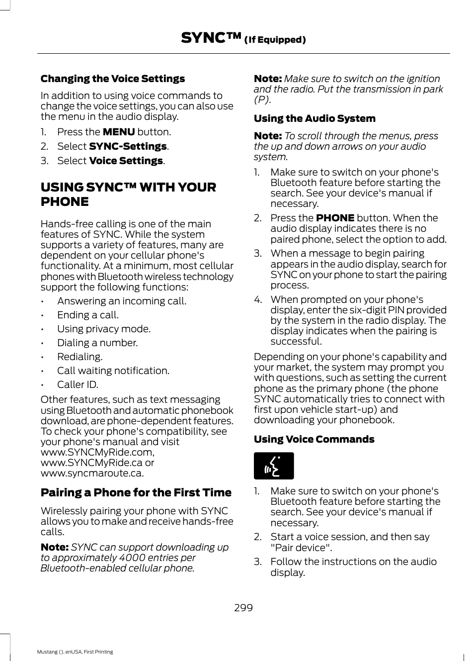 Using sync™ with your phone, Sync | FORD 2015 Mustang User Manual | Page 302 / 441