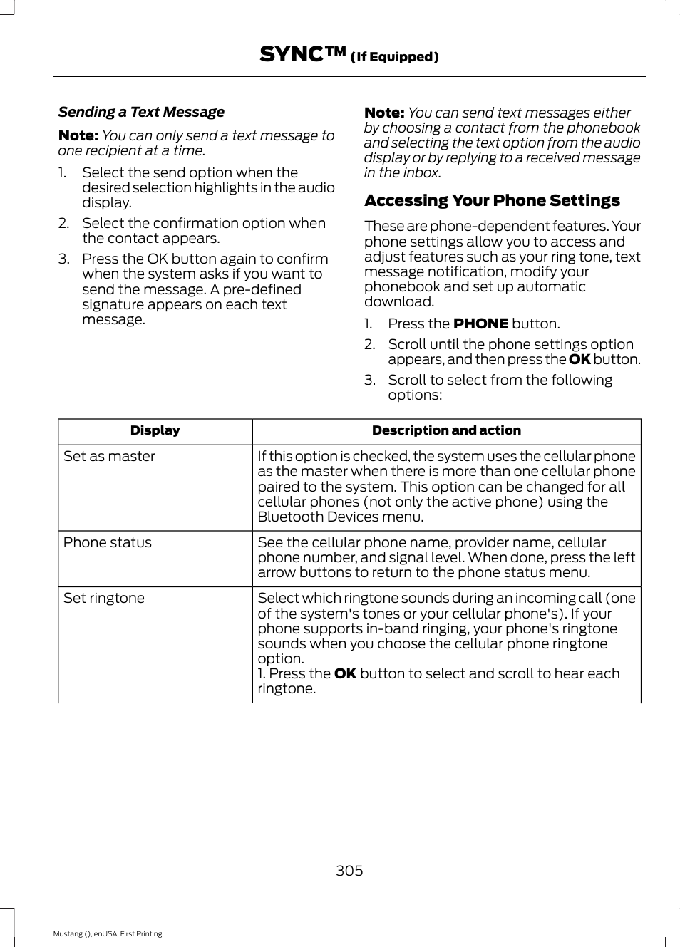 Sync | FORD 2015 Mustang User Manual | Page 308 / 441