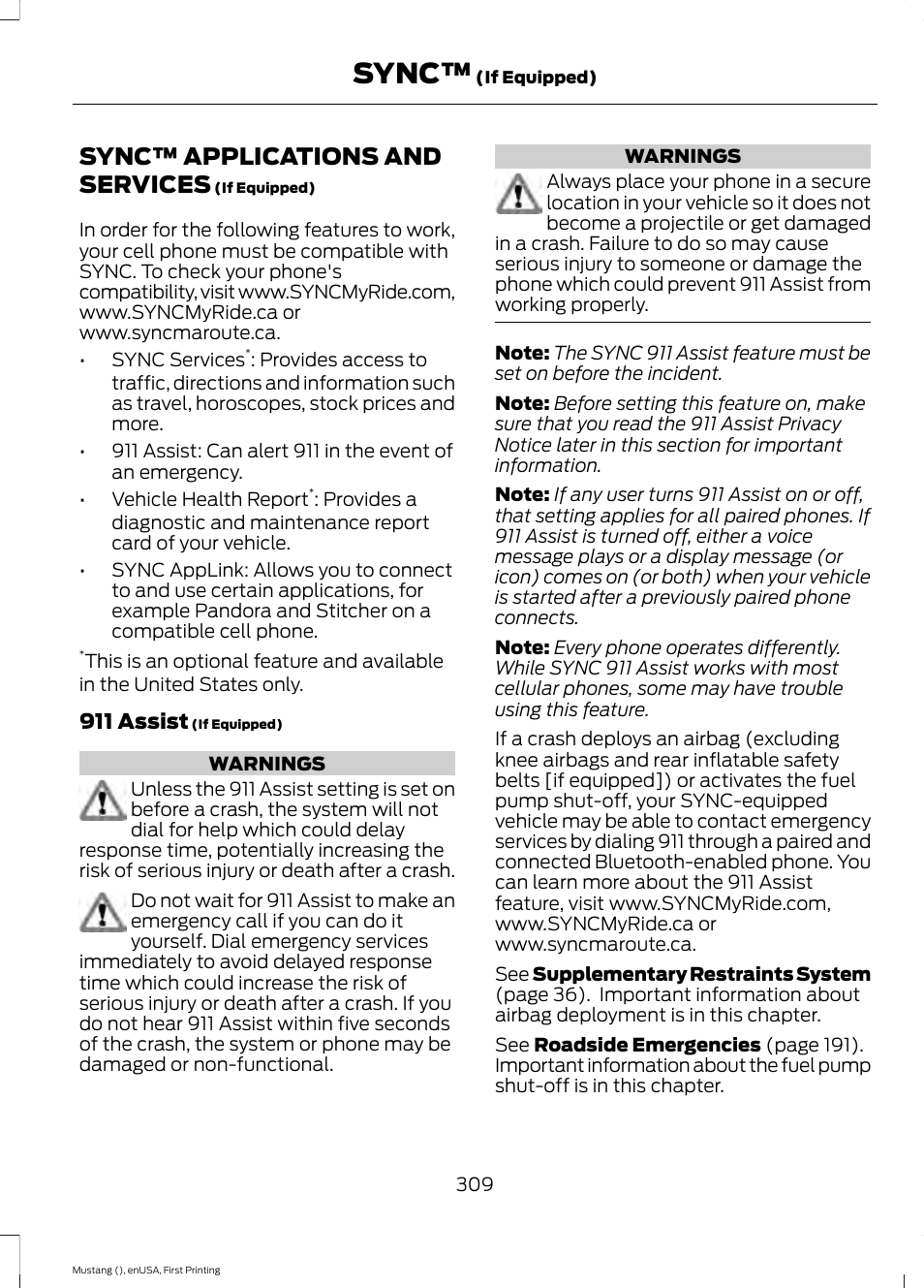 Sync™ applications and services, Sync | FORD 2015 Mustang User Manual | Page 312 / 441