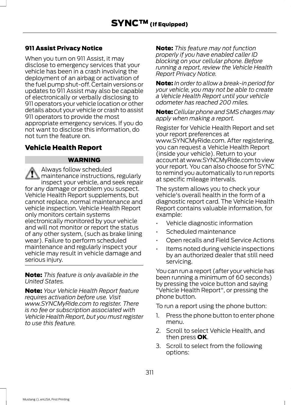 Sync | FORD 2015 Mustang User Manual | Page 314 / 441