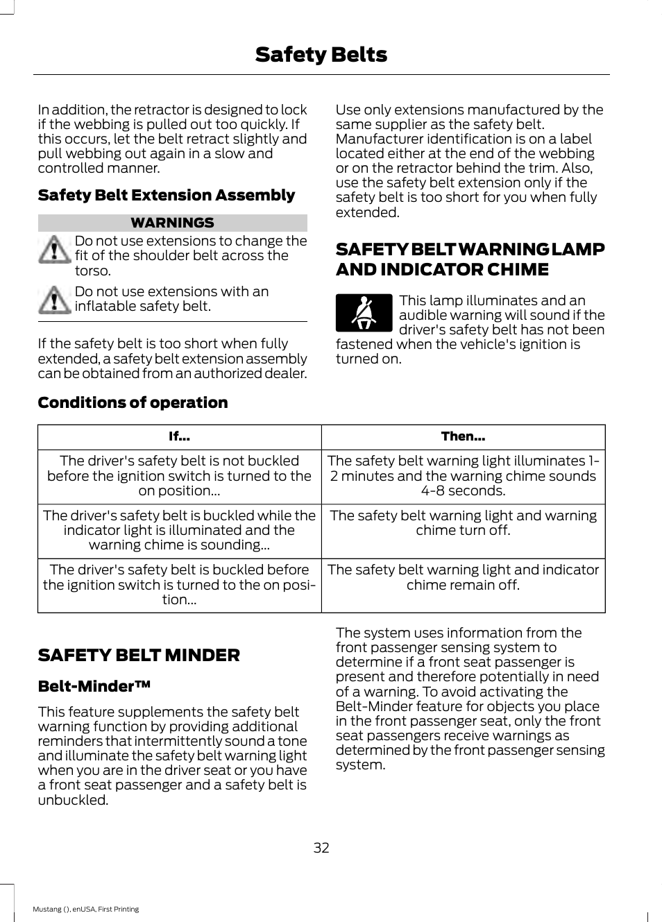 Safety belt warning lamp and indicator chime, Safety belt minder, Safety belt warning lamp and indicator | Chime, Safety belts | FORD 2015 Mustang User Manual | Page 35 / 441