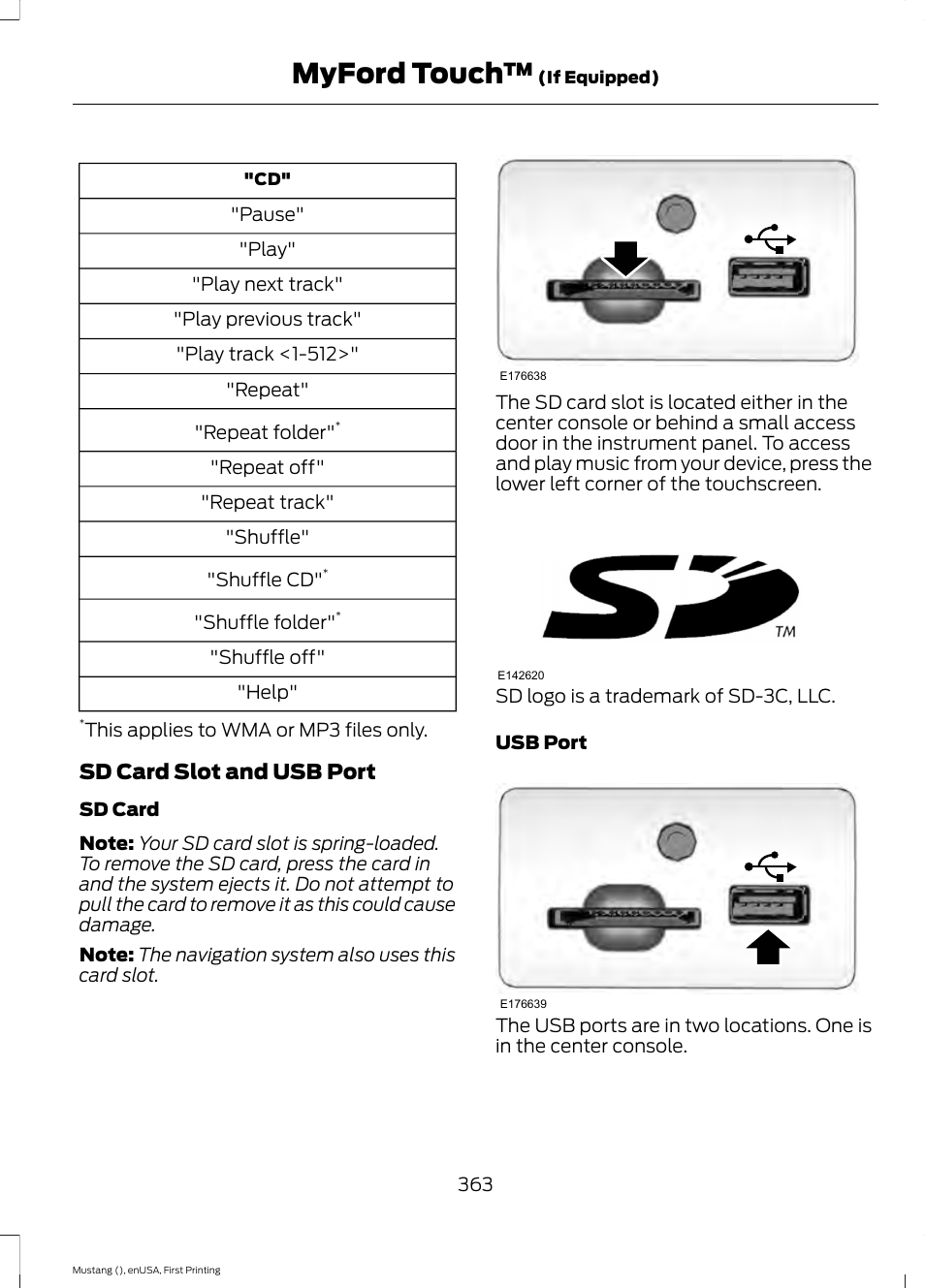 Myford touch, Sd card slot and usb port | FORD 2015 Mustang User Manual | Page 366 / 441