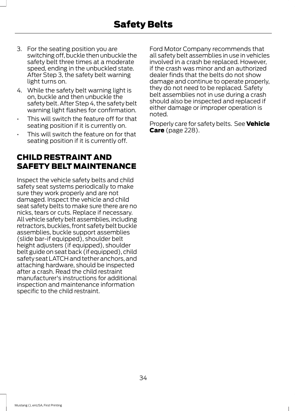 Child restraint and safety belt maintenance, Child restraint and safety belt, Maintenance | Safety belts | FORD 2015 Mustang User Manual | Page 37 / 441