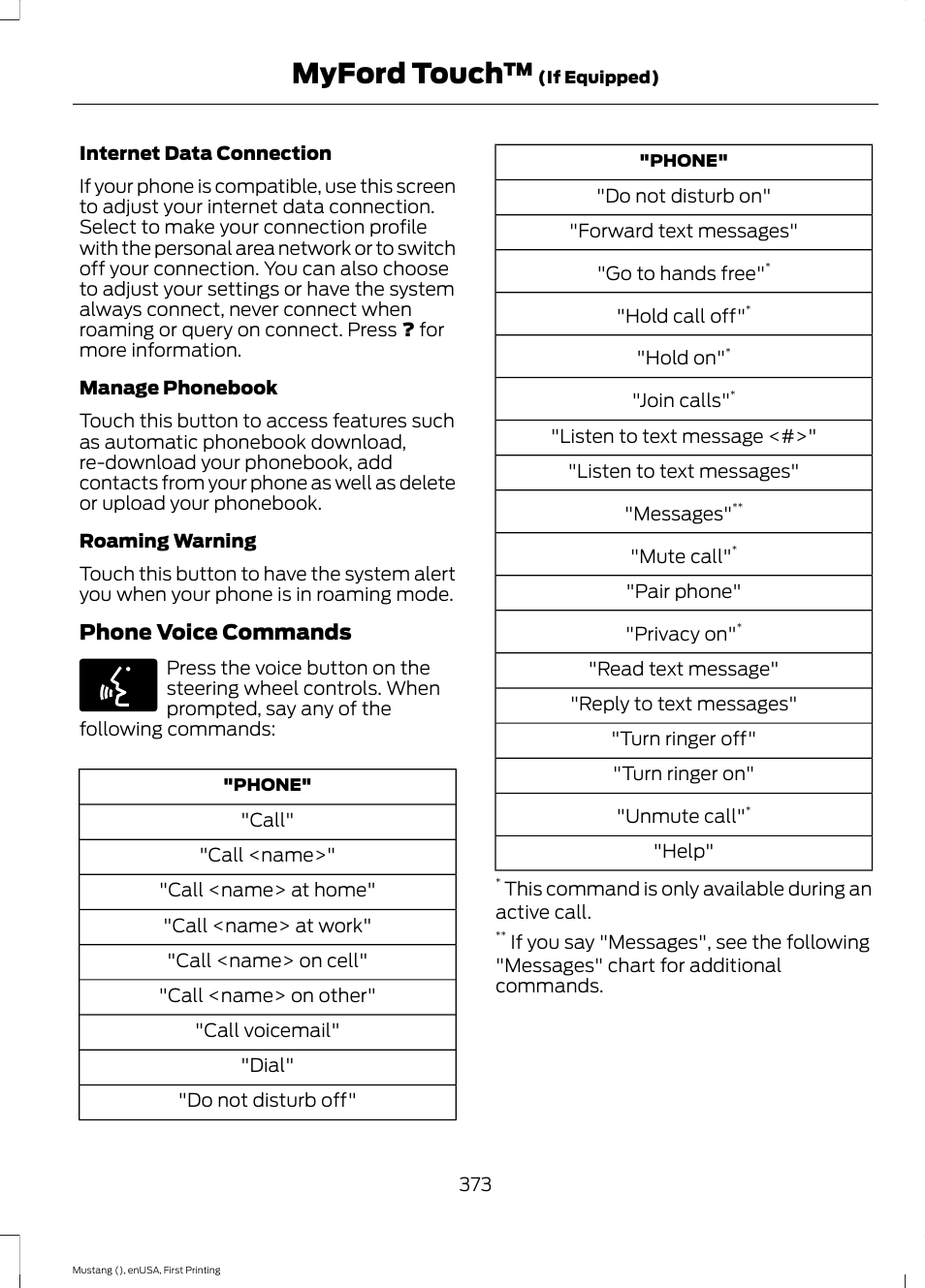 Myford touch, Phone voice commands | FORD 2015 Mustang User Manual | Page 376 / 441