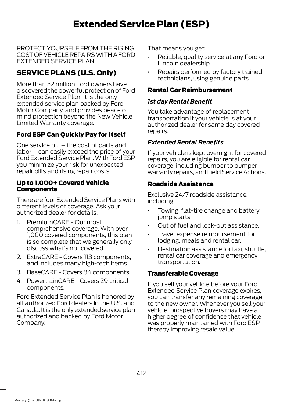 Extended service plan (esp), Extended service plan, Esp) | FORD 2015 Mustang User Manual | Page 415 / 441