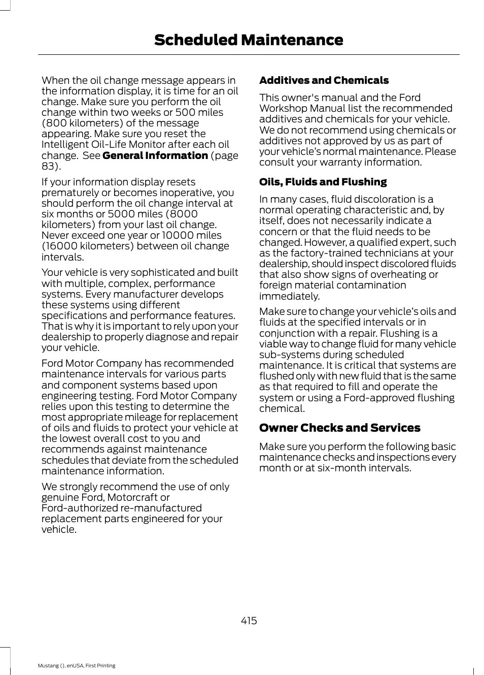 Scheduled maintenance | FORD 2015 Mustang User Manual | Page 418 / 441