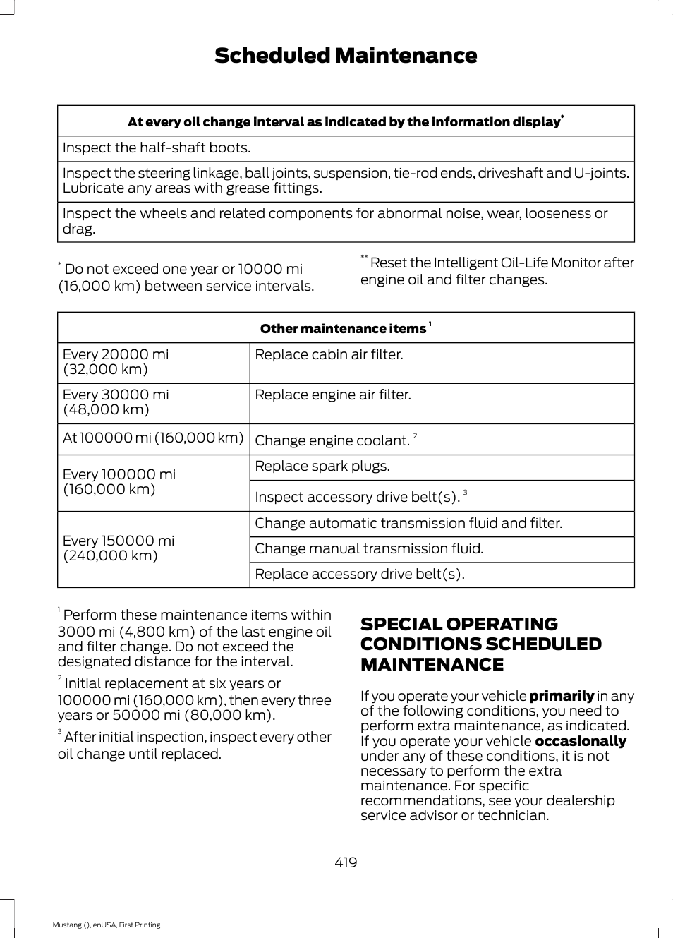 Special operating conditions scheduled maintenance, Special operating conditions scheduled, Maintenance | Scheduled maintenance | FORD 2015 Mustang User Manual | Page 422 / 441